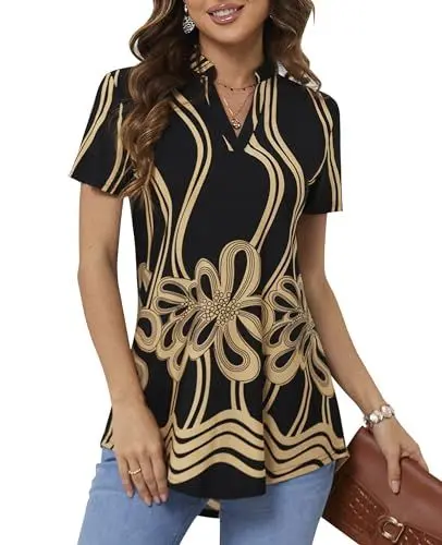 Produktbild: BAISHENGGT Damen Tunika Tops Elegant V Ausschnitt Kurzarm Casual Sommer T-Shirts Bluse Schwarz-Gelbe Linien M