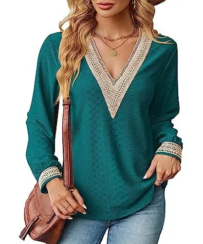 Produktbild: BAISHENGGT Elegant Lässige Langarm Tunika mit Spitzen V-Ausschnitt Shirts Damenoberteile Oberteile Blusentop Blusen Tuniken für Damen Pfauengrün M