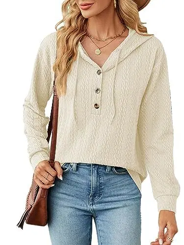 Produktbild: BAISHENGGT Glitzerige Rhein Kapuzenpullover für Damen Knöpfen Kable Muster Langarmshirt mit Kapuze Lässiger Oberteil Sweatshirt Pullover Beige XXL