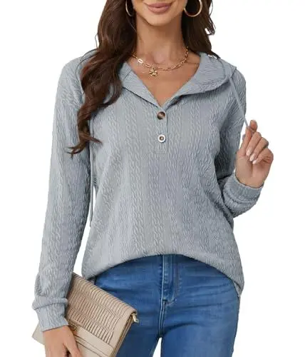 Produktbild: BAISHENGGT Glitzerige Rhein Kapuzenpullover für Damen Knöpfen Kable Muster Langarmshirt mit Kapuze Lässiger Oberteil Sweatshirt Pullover Blau -2 XL