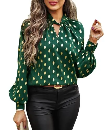 Produktbild: BAISHENGGT Mobius's Sternenhimmel Blusen Tuniken Damen Elegant Chiffon Stehkragen Puffärmel Gold Hot Stamping Dating Party Bluse Oberteile Grün L