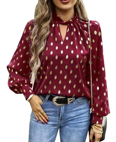 Produktbild: BAISHENGGT Mobius's Sternenhimmel Blusen Tuniken Damen Elegant Chiffon Stehkragen Puffärmel Gold Hot Stamping Dating Party Bluse Oberteile Wein XL