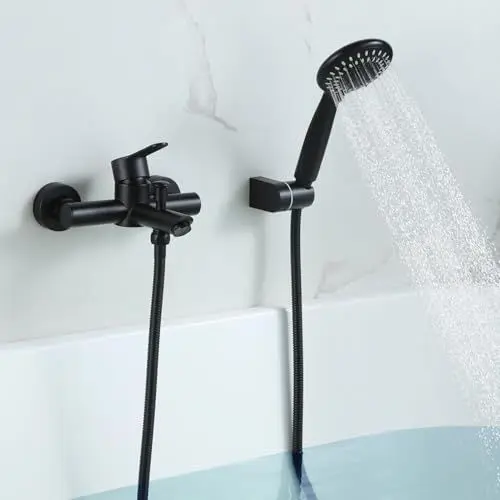 Produktbild: BAITUJIE Badewannenarmatur Schwarz Matt, Armatur Badewanne Schwarz Badewannenarmatur Schwarz mit 5 Funktionen Handbrause