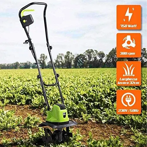 Produktbild: Bakaji Motorhacke für Gemüsegarten, Leistung 750 W, Hackmaschine mit Elektromotor, 4 Klingen à 20 cm, Arbeitsbreite 32 cm, Geschwindigkeit 380 U/min, mit ergonomischem Griff, Gartenanbau