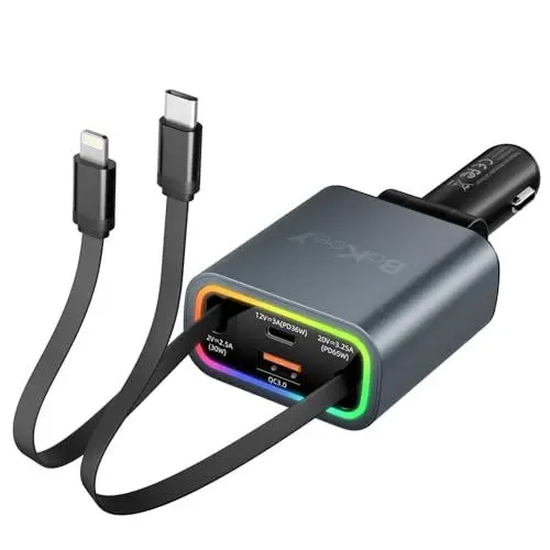 Produktbild: Bakeey Einziehbares Auto Ladegerät 4 in 1, 131W Zigarettenanzünder USB C Schnellladegerät KFZ Ladegerät USB C Ladekabel Auto Adapter Kompatibel mit iPhone 16/15/14/Galaxy S24/S23 Pixel