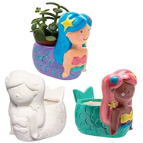 Produktbild: Baker Ross FC835 Meerjungfrau Keramik Blumentopf zum Bemalen - 3er Pack, Keramik Bastelset für Kinder zum Dekorieren und Basteln