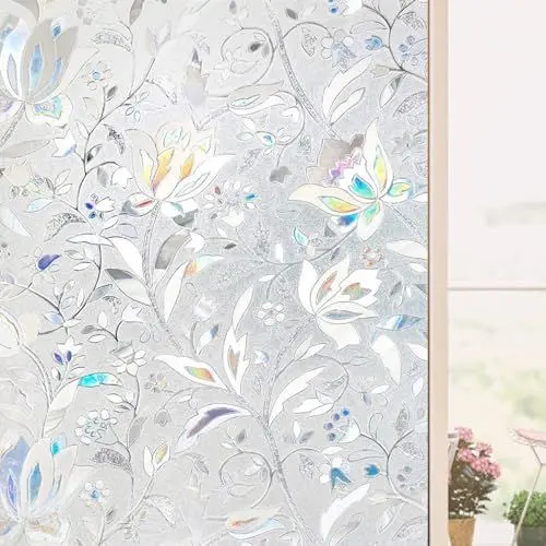 Produktbild: Baketron Fensterfolie Blickdicht Selbsthaftende,Regenbogen Statisch No-Glue Sichtschutzfolie,3D Klebefolie Folie Fenster,Anti UV Sonnenschutz für Büro Wohnzimmer Tulpe 60X200cm