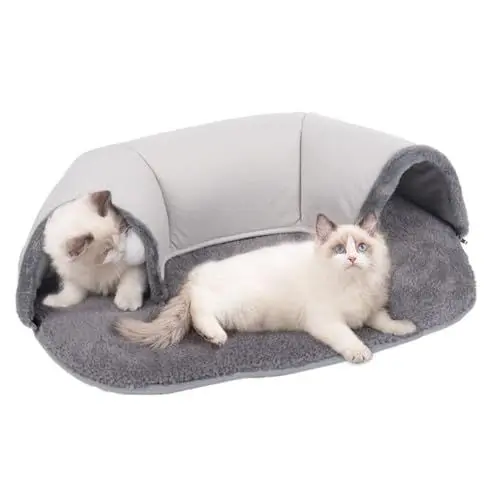 Produktbild: Baketron Katzentunnel Ellipse Mit Schlafplatz,Katzenbett Plüsch Katzen Spieltunnel mit hängendem Ballspielzeug,Rascheltunnel Für Katzen,2 in 1 Katzenhöhle Cat Tunnel(A 66x45x17cm)