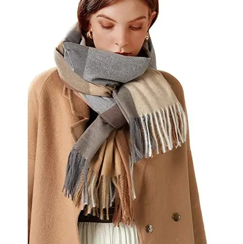 Produktbild: Bakicey Damen Schal XXL Warm Weich Strickschal Karo Winterschal Herbstschal Wolleschal Frauen Deckenschal Halstuch Scarf Poncho Cape (Dunkles Kamel)