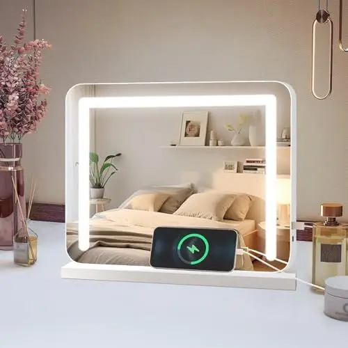 Produktbild: baklon Schminkspiegel mit Beleuchtung,Hollywood Spiegel mit LED Licht Dimmbar Kosmetikspiegel 3 Modi,35 x 25 cm Vanity Spiegel Tischspiegel mit USB 10X Vergrößerung für Schlafzimmer Schminktisch