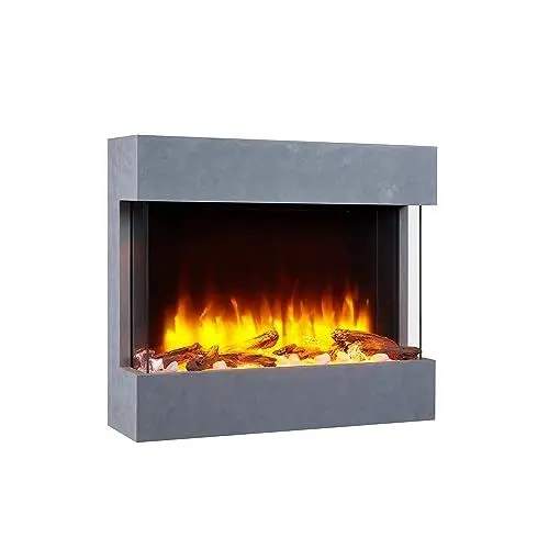 Produktbild: BALDERIA Elektrokamin Alva | Elektrischer Wandkamin mit 3D-Flammeneffekt | Elektro Heizung 2000 W, LED-Beleuchtung | Fernbedienung, Startsteuerung, Timer & Thermostat | Betongrau