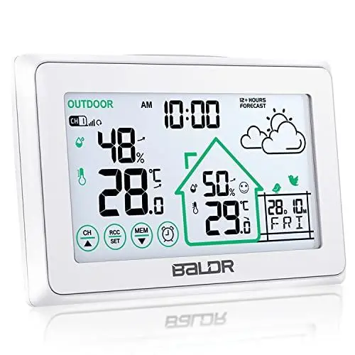 Produktbild: BALDR Wetterstation Funk mit Außensensor, Digital DCF-Funkuhr Innen und Außen Thermometer Hygrometer mit Wettervorhersage, Funkthermometer mit Batteriebetrieben Wetterstation, weiß