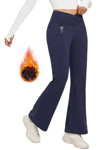 Produktbild: baleaf Damen Fleece gefütterte Hose Wasserabweisend Crossover Flare Leggings Warm Bootcut Thermal Winter Yogahose High Waist mit Taschen Marineblau S