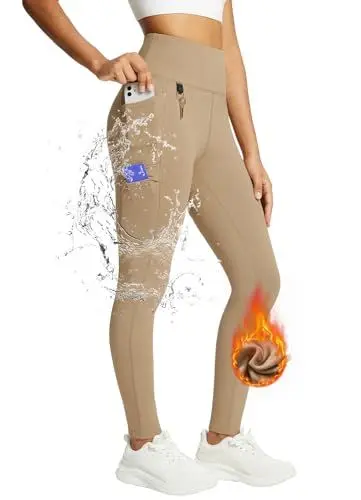 Produktbild: baleaf Damen Fleece gefütterte Leggings Wasserabweisend Hohe Taille Wanderleggings Thermo Leggings Fahrradhose Laufhose mit Reißverschlusstaschen Braun M