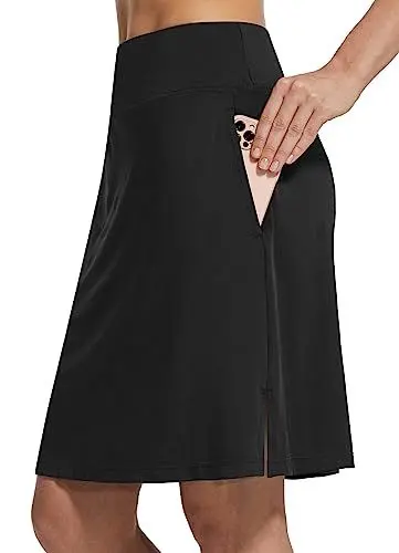 Produktbild: baleaf Damen Tennisrock Knielang Sportrock hoher Taille Golfrock Outdoorrock mit Tasche Schwarz M