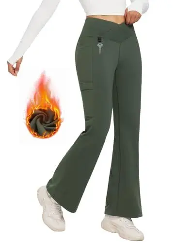Produktbild: baleaf Damen Thermo Hose Yogahose Bootcut Leggings Wasserabweisend Crossover Flare Leggings Warm High Waist Tanzhosen mit Taschen Grün L