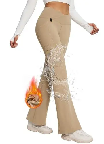 Produktbild: baleaf Damen Thermo Hose Yogahose Bootcut Leggings Wasserabweisend Crossover Flare Leggings Warm High Waist Tanzhosen mit Taschen Khaki L