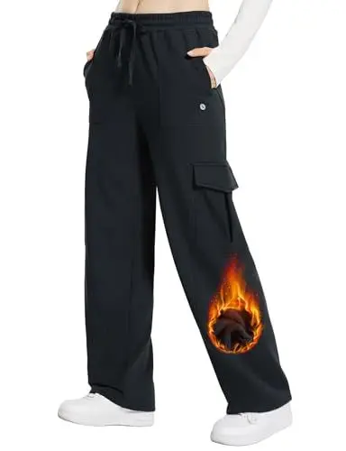 Produktbild: baleaf Damen Thermo Jogginghose Damen Baumwolle Trainingshose Winter Fleece Gefütterte Sporthose mit Taschen Laufhose Outdoor Hosen Freizeithose Schwarz XL