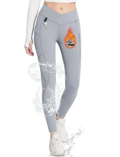 Produktbild: baleaf Damen Thermo Leggings mit Taschen Jeggings Wanderhose Thermohose Winter Wanderleggings Hohe Taille Wasserabweisend Leggings Grau M