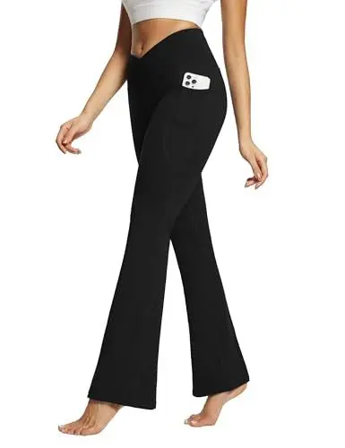 Produktbild: baleaf Damen Yogahose mit Taschen Schlaghose Stoff Flare Leggings Bauchkontrolle Sporthose Stretch Hohe Taille Schwarz 32