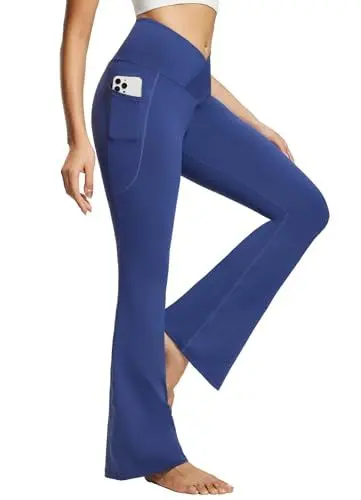 Produktbild: baleaf Damen Yogahose mit Taschen Schlaghose Stoff Flare Leggings Bauchkontrolle Sporthose Stretch Hohe Taille Blau 32