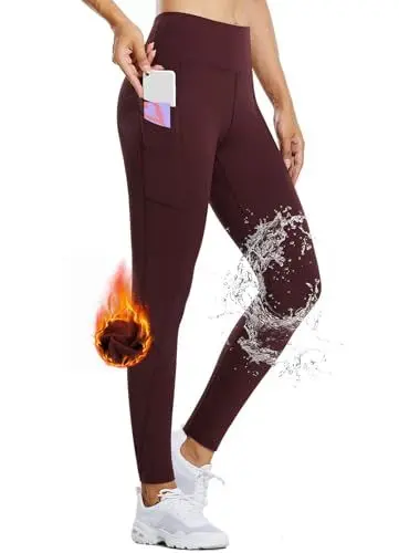 Produktbild: BALEAF Thermo Leggings Damen Winter Leggings high Waist Sportleggings mit Taschen Leggings yogahose aus Fleece Winterhosen sind wasserdicht Weinrot M