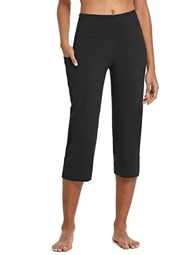 Produktbild: baleaf Yogahose Damen 3/4 Casual Freizeithose Jogginghose gerades Bein High Waist Traininghose Arbeitshose mit Taschen Bauchkontrolle für Fitness Workout Training Freizeit Schwarz M