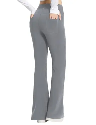 Produktbild: baleaf Yogahose Damen High Waist Schlaghose Bauchkontrolle Freizeithose Baumwolle Sporthose lang Yoga Pants mit Taschen Grau L