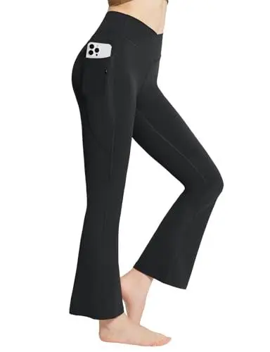 Produktbild: baleaf Yogahose Damen High Waist Schlaghose mit Taschen Slim Fitness Bootcut Leggings Stretch Weich Jogginghose Bauchkontrolle Sporthose Schwarz XL