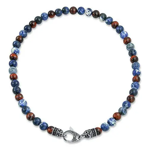 Produktbild: Bali Stil Edelstein Blau Sodalith Braun Tiger Eye Ball Bead Strang Halskette Für Männer Frauen Edelstahl Hakenverschluss