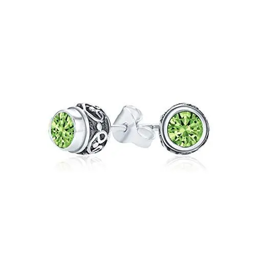 Produktbild: Bali Stil Kleine Runde Grüne Peridot Edelstein Ohrstecker Für Frauen Oxidiert .925 Sterling Silber August Geburtsstein