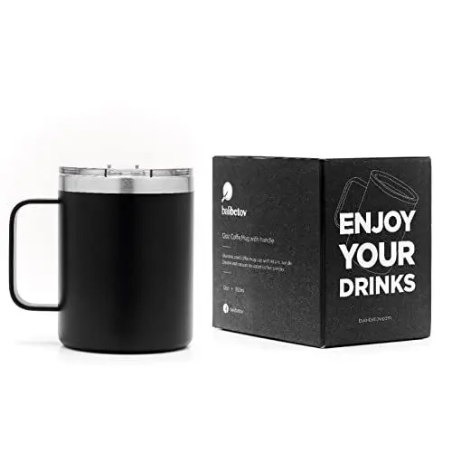 Produktbild: BALIBETOV 355ml Thermobecher Kaffee to Go - Edelstahl Isoliert Kaffeebecher to Go - Ideal für Reisen, Outdoor, Tee, Wein, Bier und mehr (Schwarz)