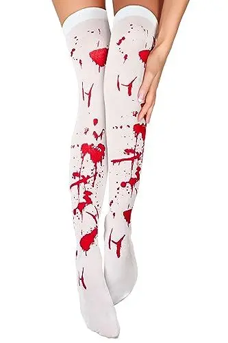 Produktbild: Balinco Blutige Strumpfhose Halloween Damen, Overknee Strümpfe mit Blutspritzern, Horror Leggings, Cosplay Socken Frauen, Sexy Accessoire, Karneval Kostüme Damen, Stulpen mit Blut