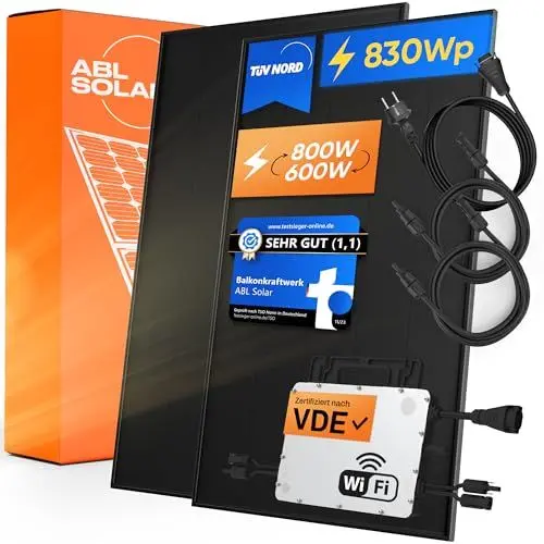 Produktbild: Balkonkraftwerk 800W / 600W komplett Steckdose | Upgradebarer 600W/800W Hoymiles Wechselrichter inkl. APP | 2x 415W Schindelmodul (Balkonhalterung, 800W / 5m Kabel)