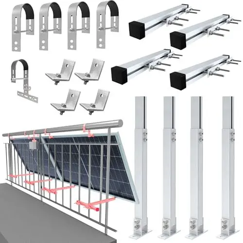 Produktbild: Balkonkraftwerk Halterung Geländer Befestigung für 2 Solarmodule und ein Wechselrichter Photovoltaik | RUND | Set | Neigungswinkel 0° & 25-45°| Durchmesser bis 80mm, Silber PV