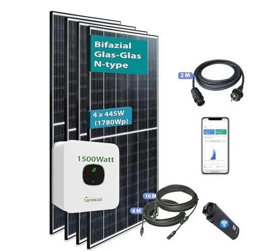 Produktbild: Balkonkraftwerk + bis 30% mehr Bifazialer PV-Leistung 1780Wp | 1500W Growatt MIC 1500-Tlx Wechselrichter Solaranlage 4 x 445W Solar Module Bifazial Glas Glas (Growatt, 1700Wp ohne Halterung)