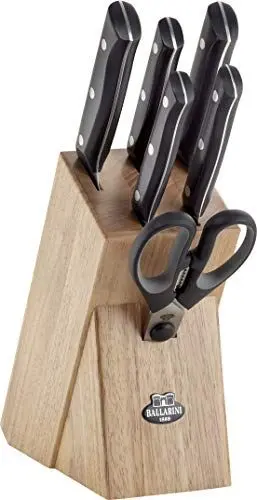 Produktbild: BALLARINI Chienti Messerblock, 7-tlg., Holzblock, Messer und Schere aus rostfreiem Spezialstahl/Kunststoff-Griff im Nietendesign, Schwarz