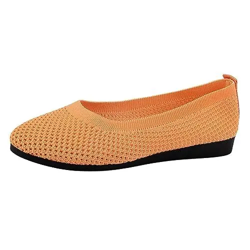 Produktbild: Ballerina Damen Damen Ballerinas Bequem Damen Sommermode Damen-Sneaker mit spitzer Zehenpartie, gestreifter Mesh-Stoff, bequeme Freizeitschuhe Glitzer Schuhe Damen Weiß Schuhe Weite Damen (Orange, 41)