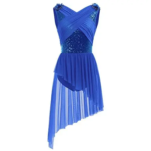 Produktbild: Ballettkleidung Damen Tanzkleid Ärmellos U-Rücken Glitzer Pailletten Blume Ballett Body Ballettanzug Asymmetrischer Tüllkleid Ballettkleid Salsa Ballerina Dancewear Eiskunstlauf Kleid Königsblau L