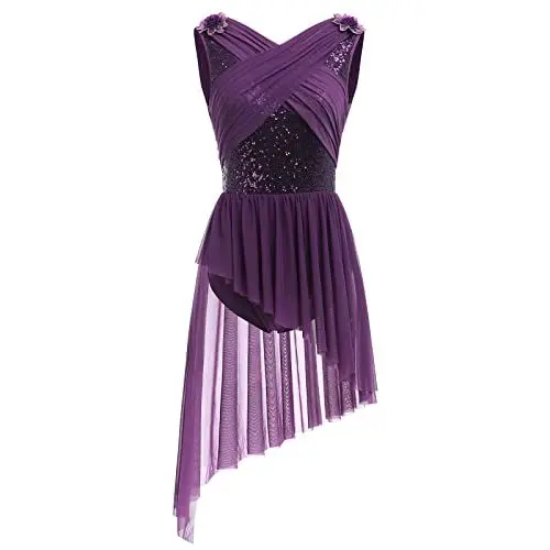 Produktbild: Ballettkleidung Damen Tanzkleid Ärmellos U-Rücken Glitzer Pailletten Blume Ballett Body Ballettanzug Asymmetrischer Tüllkleid Ballettkleid Salsa Ballerina Dancewear Eiskunstlauf Kleid Lila XL