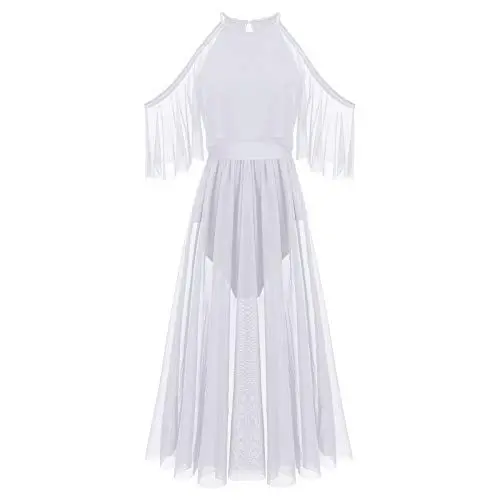 Produktbild: Ballettkleidung Damen Tanzkleid Neckholder Schulterfreie Ballett Trikot Ballettanzug Gymnastikanzug Turnanzug Elegant Lang Tüllkleid Ballettkleid Latin Salsa Ballerina Lyrische Dancewear Weiß XL