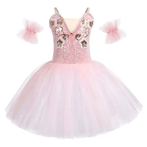 Produktbild: Ballettkleidung Mädchen Kinder Ärmellos V-Ausschnitt Pailletten Blumen Ballettkleid Tanzbody Prinzessin Tutu Ballettanzug Ballett Trikot Balettkleider Ballerina Kleider Tanzkleid Rosa 7-8 Jahre