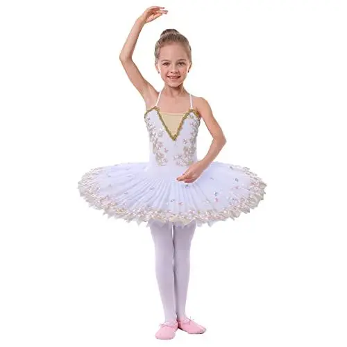Produktbild: Ballettkleidung Mädchen Kinder Spaghettiträger Blume Feder Stickte Ballettkleid Tanzbody Turnanzug Tüll Tutu Tanzkleid Gymnastikanzug Ballettanzug Balletttrikot Ballerina Kleider B#Weiß 5-6 Years