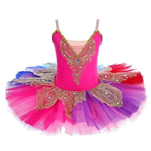 Produktbild: Ballettkleidung Mädchen Kinder Spaghettiträger Blume Feder Stickte Ballettkleid Tanzbody Turnanzug Tutu Tanzkleid Gymnastikanzug Ballettanzug Balletttrikot Ballerina Kleider Regenbogen 12-13 Jahre
