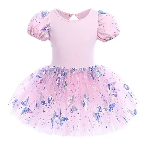 Produktbild: Ballettkleidung Mädchen Kinder Turnanzug Gymnastikanzug Tanzkleid Ballettanzug Pailletten Schmetterling Ballerina Kostüm Kleid Turnbody Tütü Rock Ballett Trikot Ballettbody Tanzoutfit Rosa 3-4 Jahre