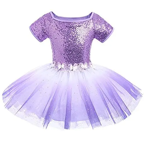 Produktbild: Ballettkleidung Mädchen Turnanzug Gymnastikanzug Tanzkleid Ballettanzug Kinder Ballerina Kostüm Pailletten Kurzarm Kleid Turnbody mit Tütü Rock Ballett Trikot Tanzoutfits Balletttrikot Violett 3-4J