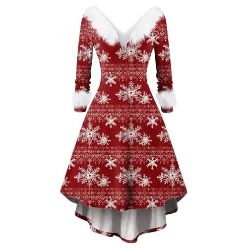 Produktbild: Ballkleider Damen Lang Weihnachten Druck Glitzer Dirndelkleider Partykleid Damen Sexy Abschlusskleid Lang Weihnachtskleid Baby Winterkleidung Sexy Weihnachtsmann Cocktailkleid Damen（2-Wine，5XL）