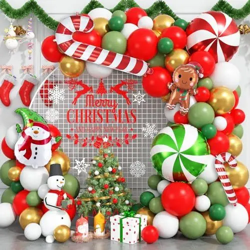 Produktbild: Ballons Girlande Weihnachten Luftballons Rot Grün Weiß Gold Weihnachtsballons Deko Party Lebkuchenmann Schneemann Gehstock Folienballon Rot Grün Lollipop Bonbon Aluminium Ballon Weihnachts Luftballon