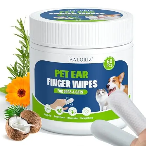 Produktbild: BALORIZ Ohrenreinigung für Hunde, Finger-Ohrenreinigung für Hunde und Katzen, entfernen sanft Ohrenschmalz, beruhigen und desodorieren, lindern Ohrenjucken, Haustierbedarf, 60er-Pack