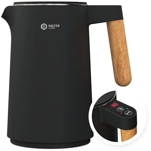 Produktbild: BALTER Edelstahl Wasserkocher mit Temperatureinstellung, 45°C-100°C, Doppelwand, BPA frei, leise & kabellos, Warmhaltefunktion, Teekocher mit Temperaturanzeige, 1.5L, 2200W, Schwarz